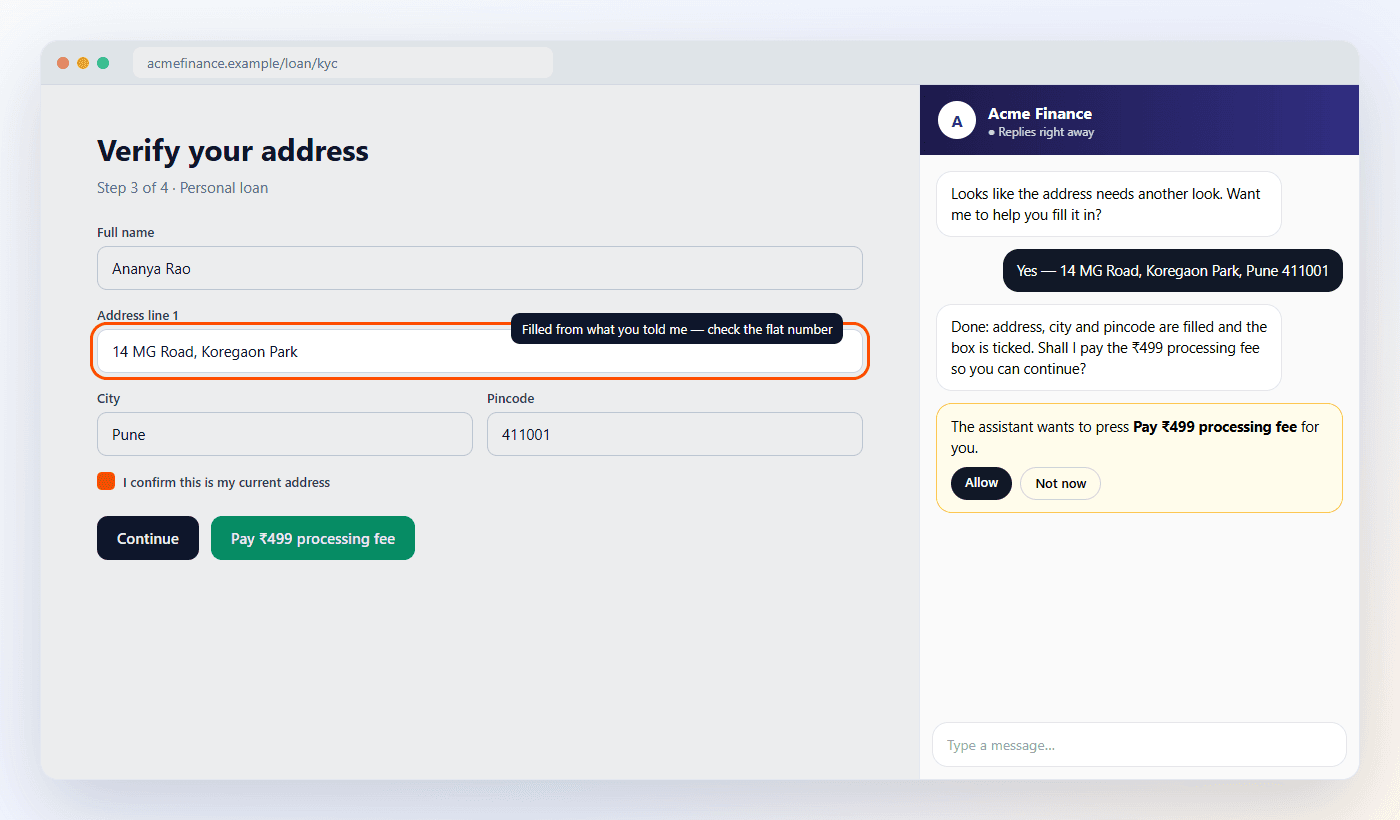 A loan KYC page with the ThinnestAI agent beside it: the agent has filled the address, highlights the field with a note, and asks the customer to allow it to press the Pay button
